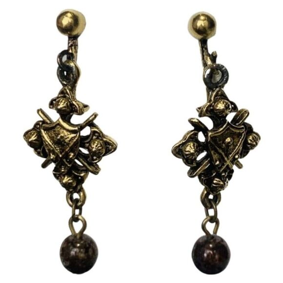 Vintage Gold Tone Brown Beaded Crest Clip On Drop Women’s Fancy Earrings - Picture 6 of 7
